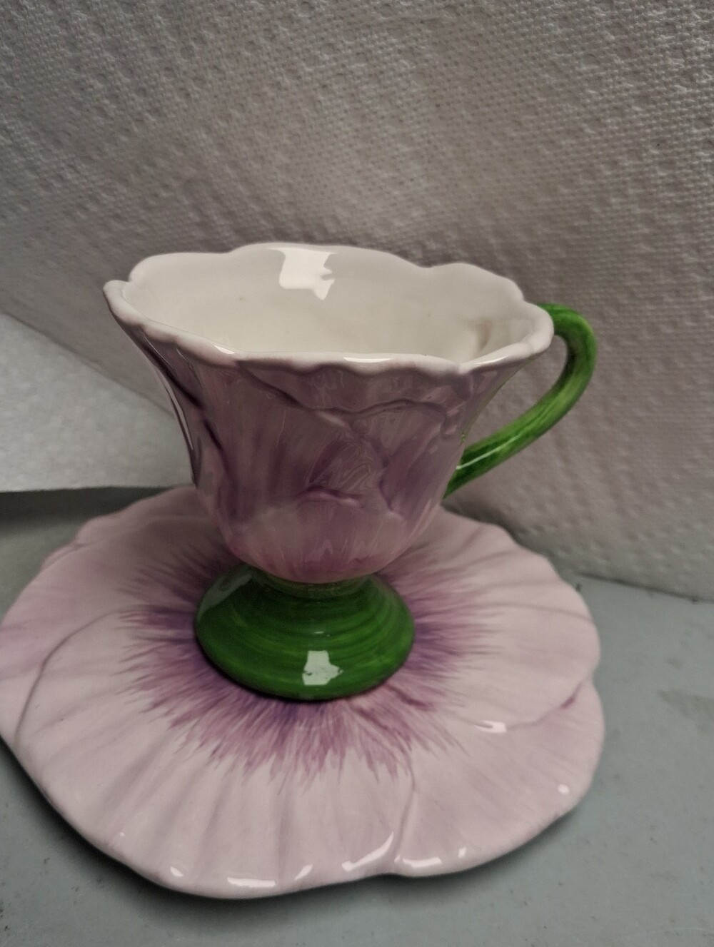Floral Ceramic Teacup and Saucer in Light Purple and Green